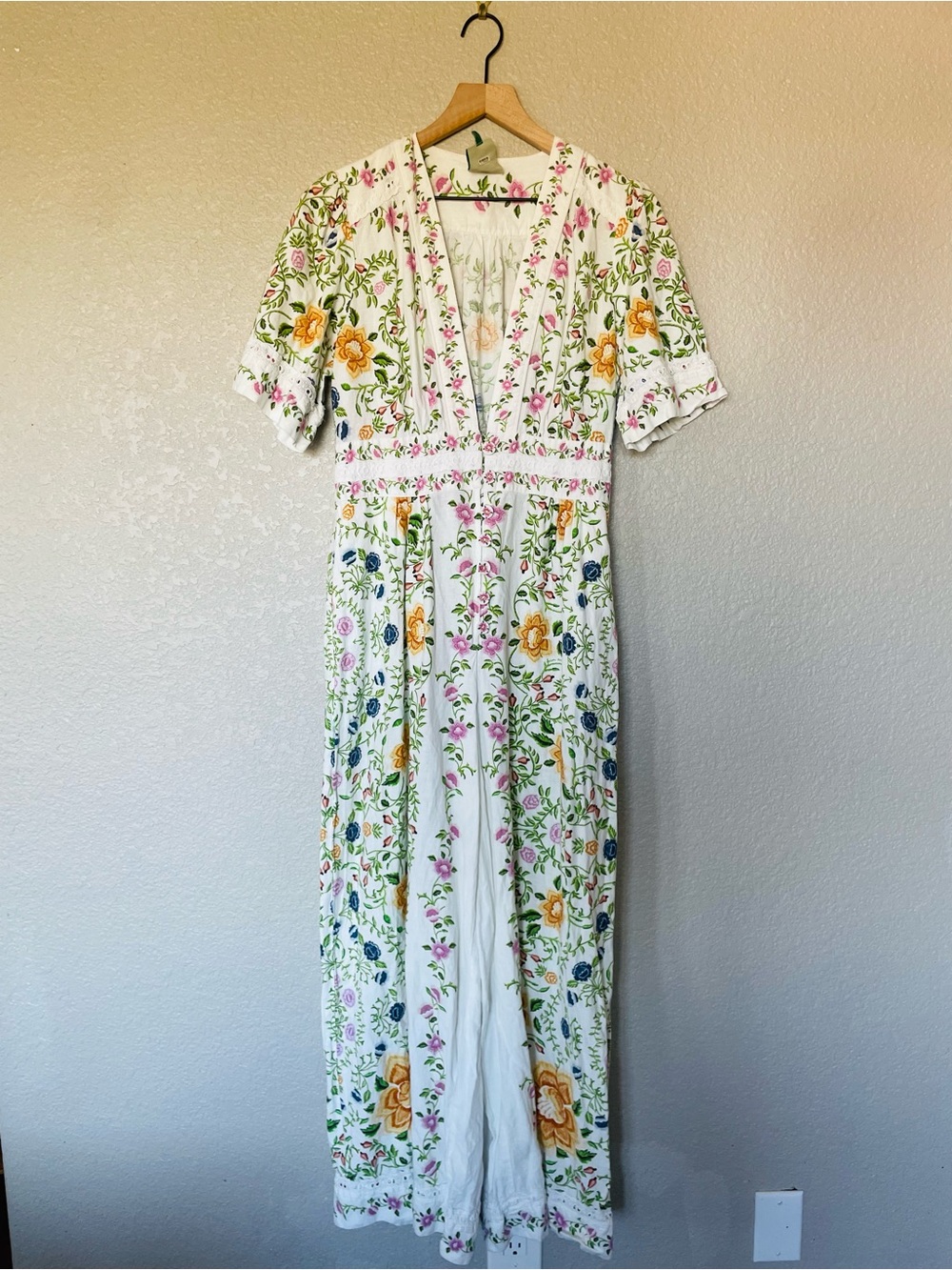 Fam Rio Folk Floral Linen Blend Wide Leg Jumpsuit